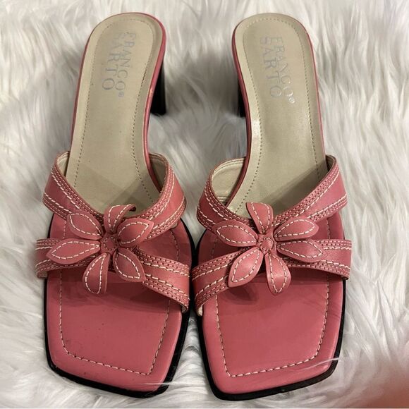 Franco Sarto Sandal Size 8M Pink Flower Flip Flop Slip-on Leather Heels - Picture 1 of 9